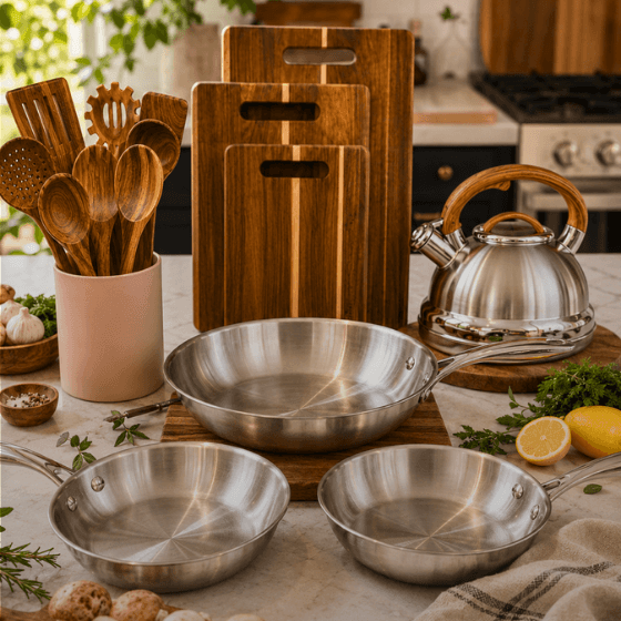 A stainless steel cookware set arranged on a kitchen counter, including three frying pans of different sizes, a kettle with a wooden handle, wooden cutting boards, a utensil holder, and kitchen ingredients like mushrooms, parsley, lemon, and garlic in a bright kitchen setting.
