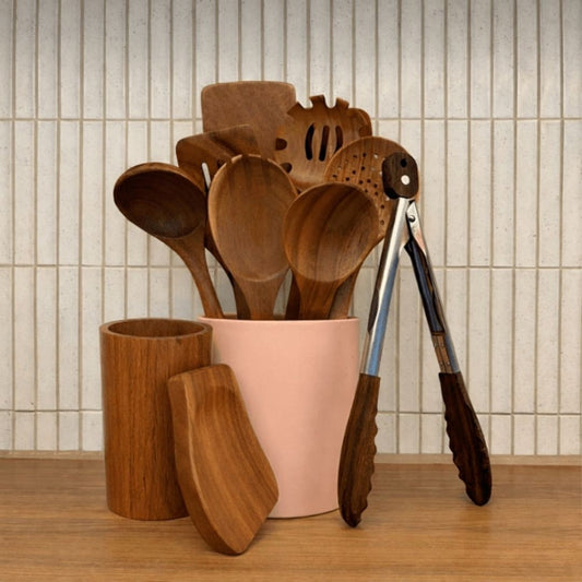 Complete Timber Upgrade kitchen bundle with teakwood utensils, holder, spoon rest, and acacia tongs in ceramic container