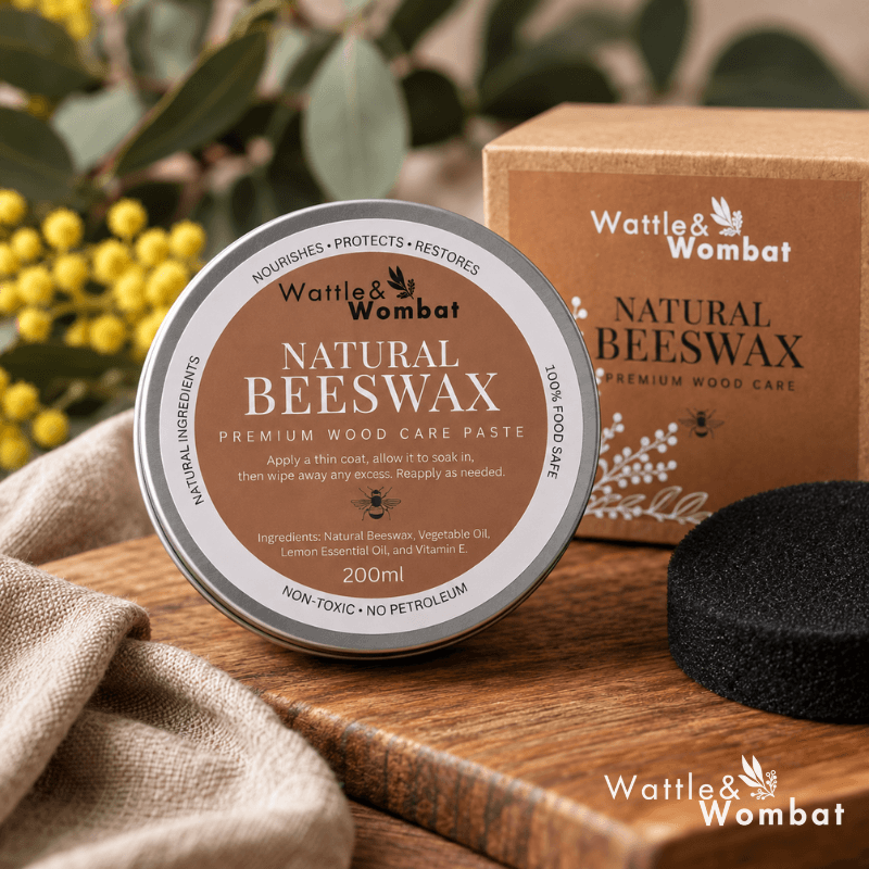 A round tin of Wattle & Wombat Natural Beeswax Premium Wood Care Paste sits on a wooden surface with a brown branded box behind it and a black applicator sponge in front. The scene includes soft-focus greenery and yellow flowers, indicating a styled product setup rather than a plain studio shot.