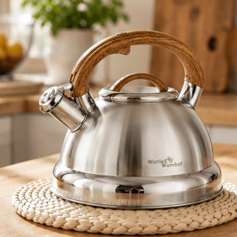 Stainless steel kettle with wooden handle on a woven mat in a kitchen setting
