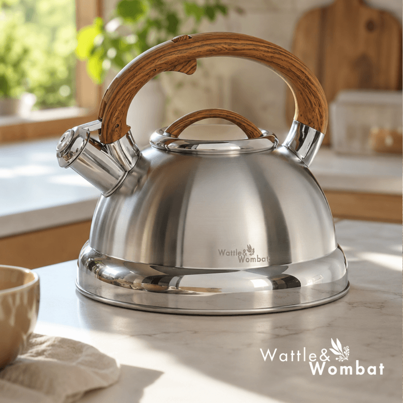 Stainless steel kettle with wooden handle on a kitchen counter, featuring the Wattle & Wombat brand.